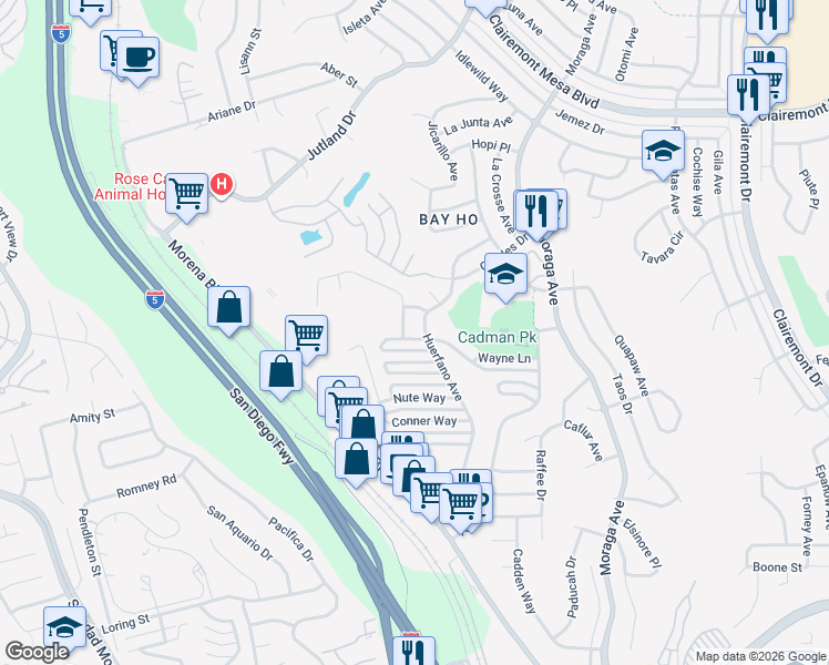 map of restaurants, bars, coffee shops, grocery stores, and more near 3036 Driscoll Drive in San Diego