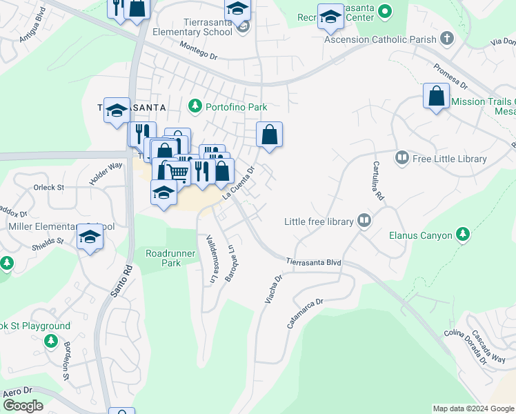 map of restaurants, bars, coffee shops, grocery stores, and more near 10864 Tierrasanta Boulevard in San Diego
