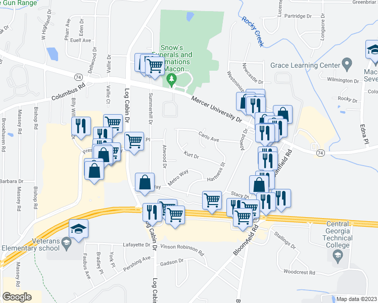 map of restaurants, bars, coffee shops, grocery stores, and more near 4051 Kurt Drive in Macon
