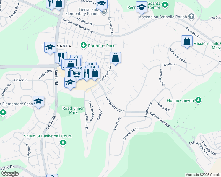 map of restaurants, bars, coffee shops, grocery stores, and more near 5031 Ducos Place in San Diego