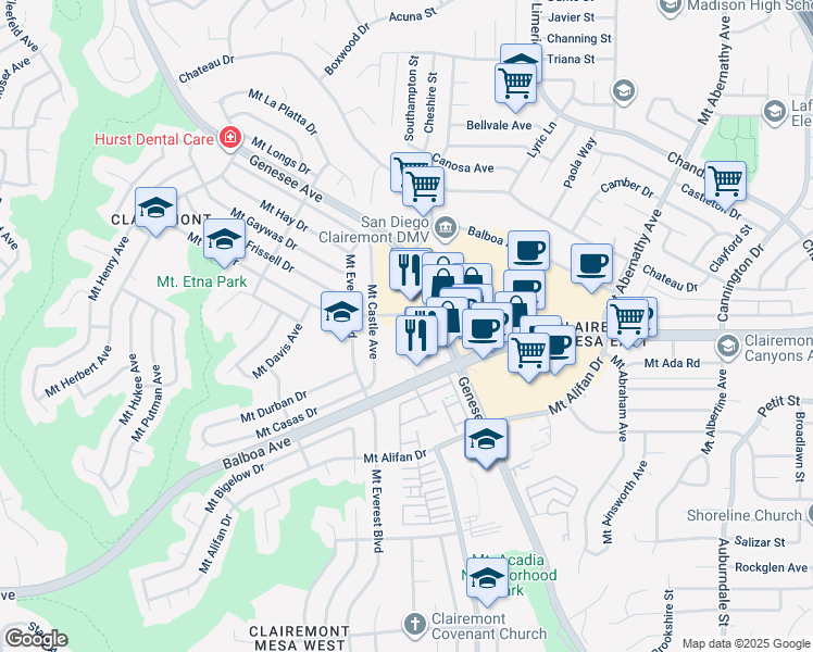 map of restaurants, bars, coffee shops, grocery stores, and more near 4333 Mount Castle Avenue in San Diego