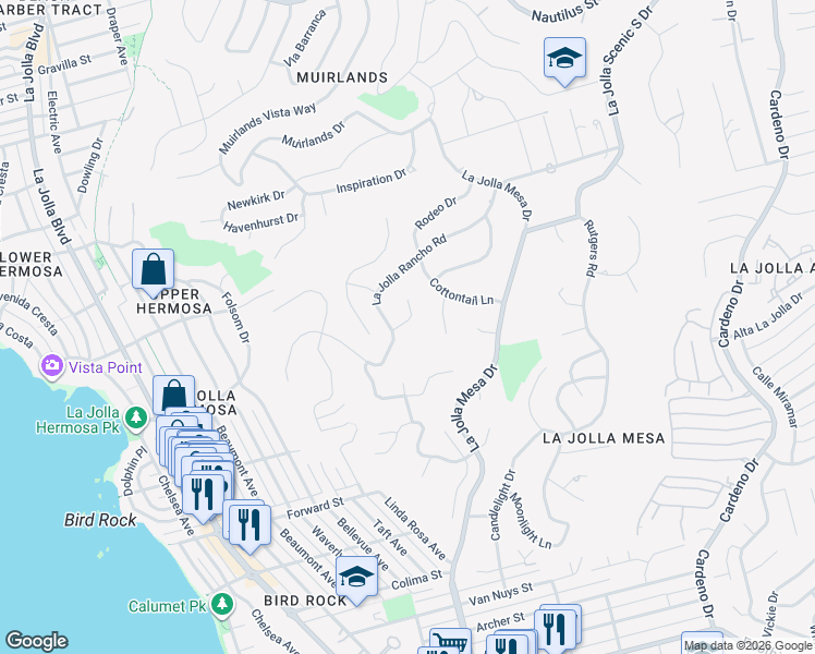 map of restaurants, bars, coffee shops, grocery stores, and more near 1041 La Jolla Rancho Road in San Diego