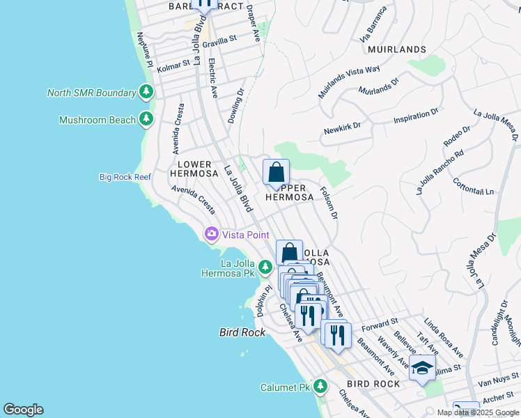 map of restaurants, bars, coffee shops, grocery stores, and more near 405 La Canada in San Diego