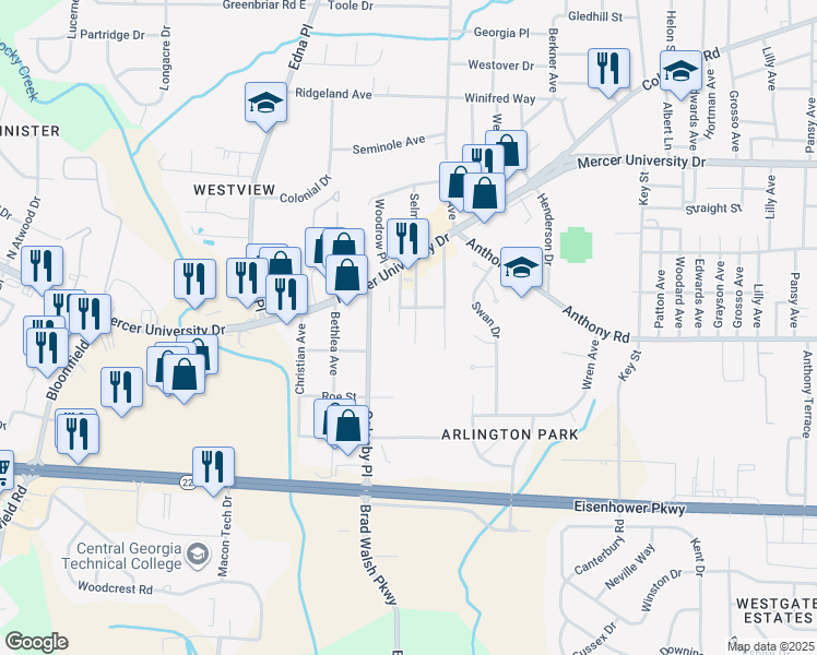 map of restaurants, bars, coffee shops, grocery stores, and more near 1781 Arlington Park in Macon