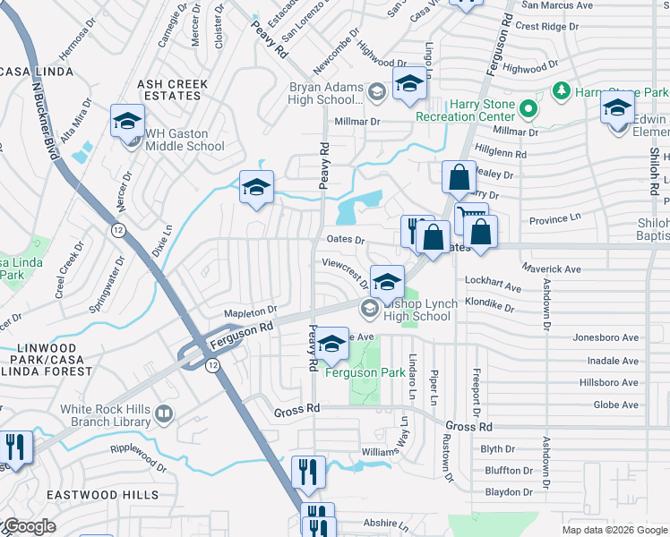 map of restaurants, bars, coffee shops, grocery stores, and more near 1812 Swan Drive in Dallas
