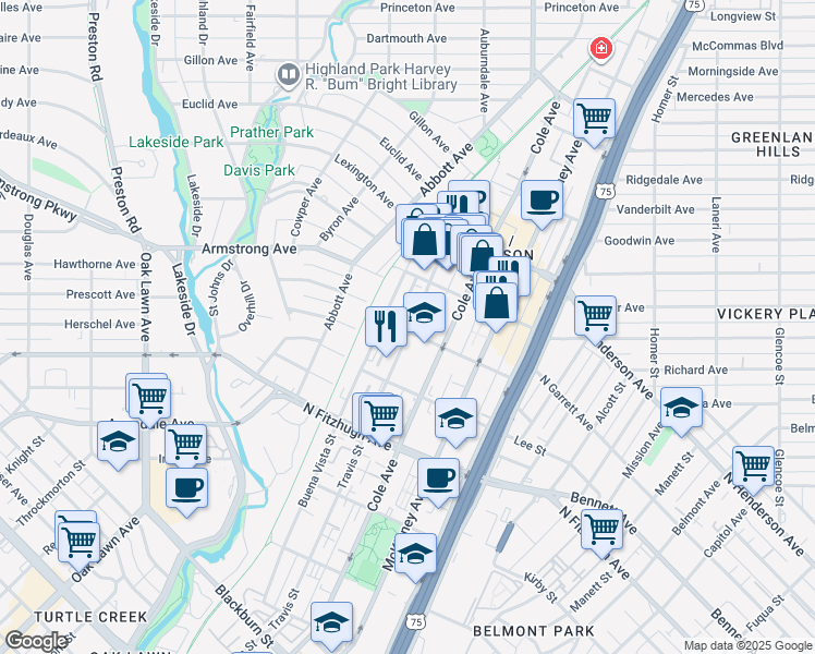 map of restaurants, bars, coffee shops, grocery stores, and more near 4338 Travis Street in Dallas