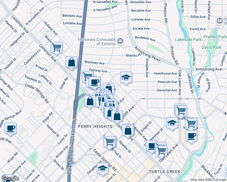 map of restaurants, bars, coffee shops, grocery stores, and more near 4419 Holland Avenue in Dallas