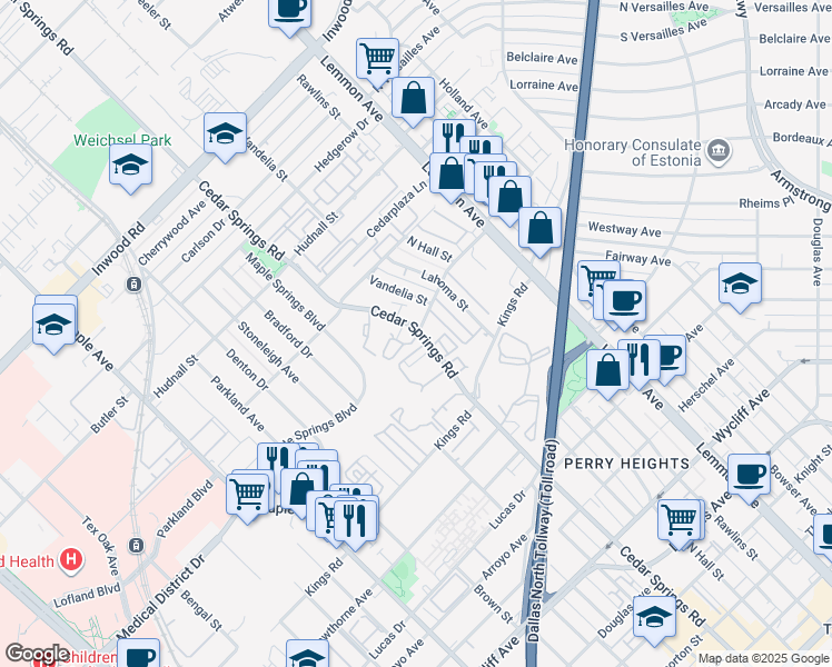 map of restaurants, bars, coffee shops, grocery stores, and more near 4837 Cedar Springs Road in Dallas