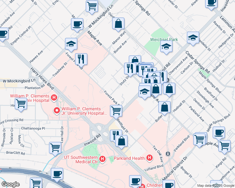 map of restaurants, bars, coffee shops, grocery stores, and more near 5720 Forest Park Road in Dallas