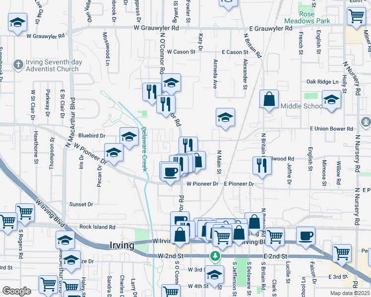 map of restaurants, bars, coffee shops, grocery stores, and more near 580 North O'Connor Road in Irving
