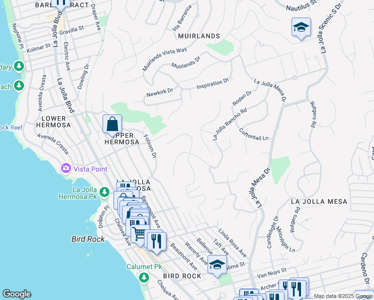 map of restaurants, bars, coffee shops, grocery stores, and more near 896 La Jolla Rancho Road in San Diego