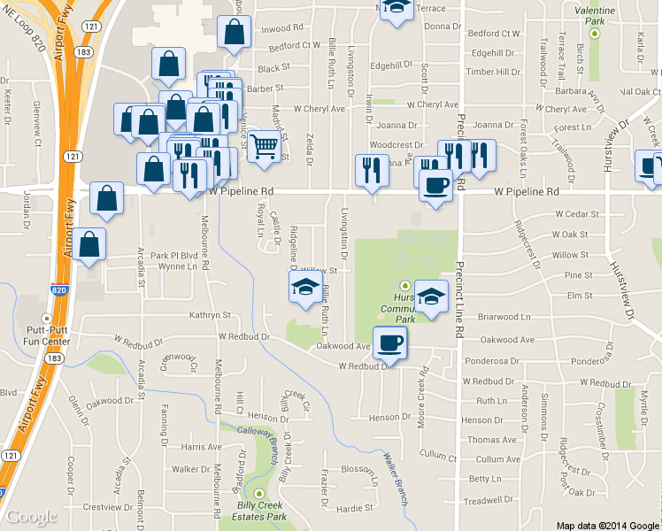 map of restaurants, bars, coffee shops, grocery stores, and more near 546 Billie Ruth Lane in Hurst