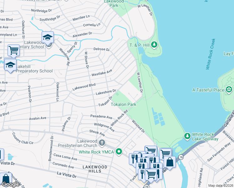 map of restaurants, bars, coffee shops, grocery stores, and more near 7102 Tokalon Drive in Dallas