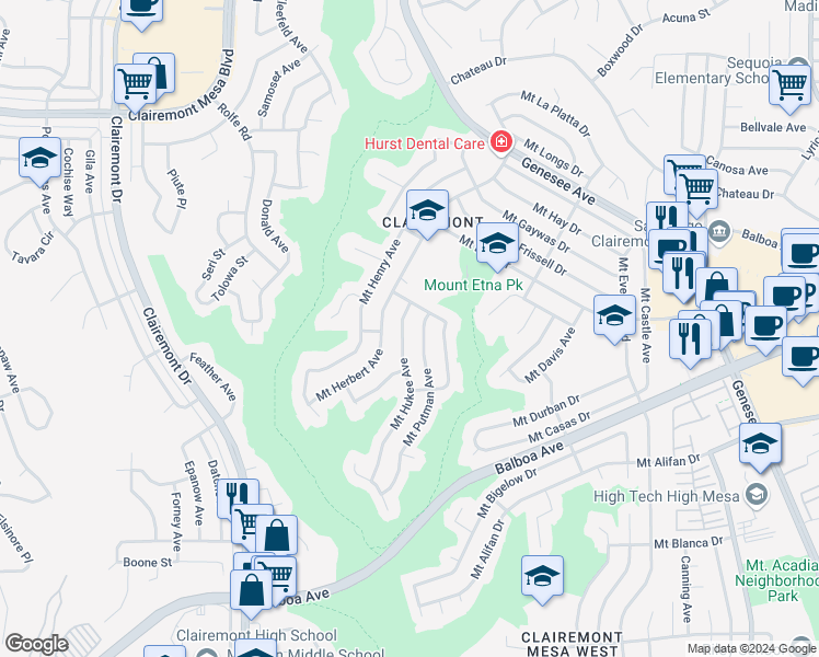 map of restaurants, bars, coffee shops, grocery stores, and more near 4369 Mount Hukee Avenue in San Diego