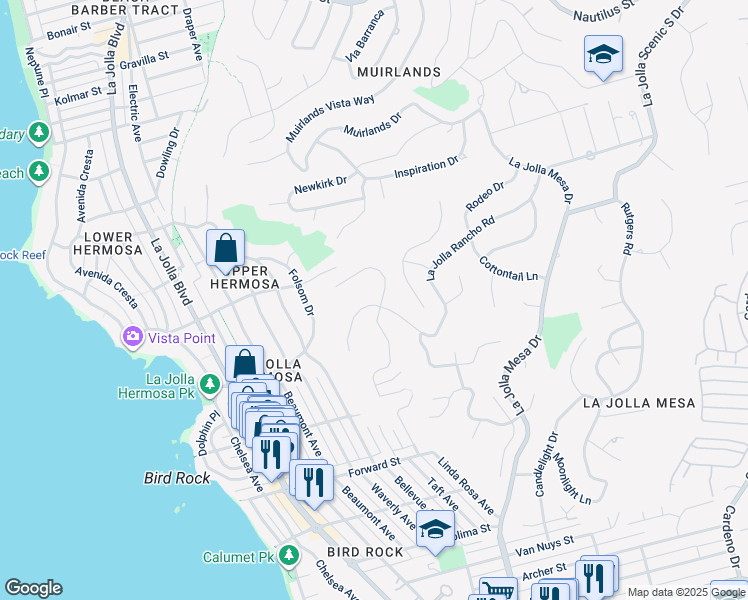 map of restaurants, bars, coffee shops, grocery stores, and more near 896 La Jolla Rancho Road in San Diego