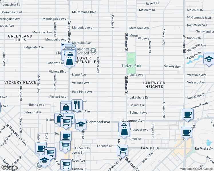 map of restaurants, bars, coffee shops, grocery stores, and more near 5917 Palo Pinto Avenue in Dallas