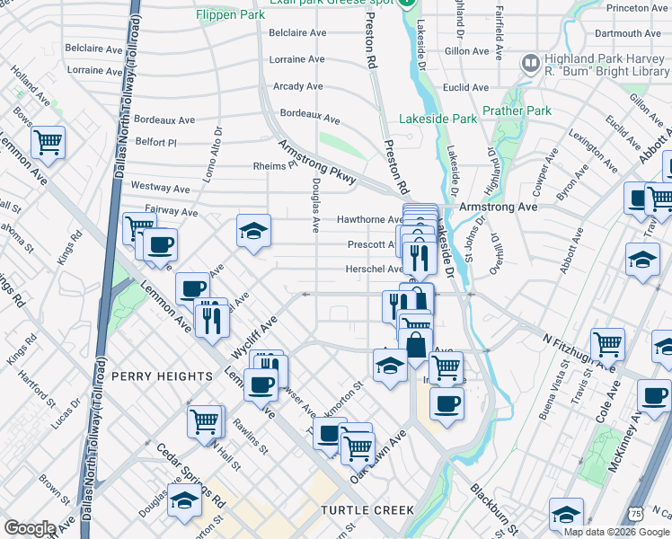 map of restaurants, bars, coffee shops, grocery stores, and more near in Dallas