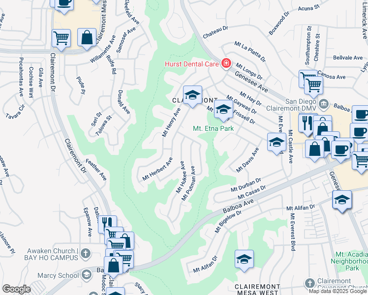 map of restaurants, bars, coffee shops, grocery stores, and more near 4369 Mount Hukee Avenue in San Diego