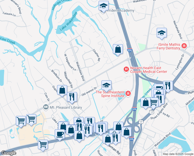 map of restaurants, bars, coffee shops, grocery stores, and more near 806 Abcaw Way in Mt Pleasant