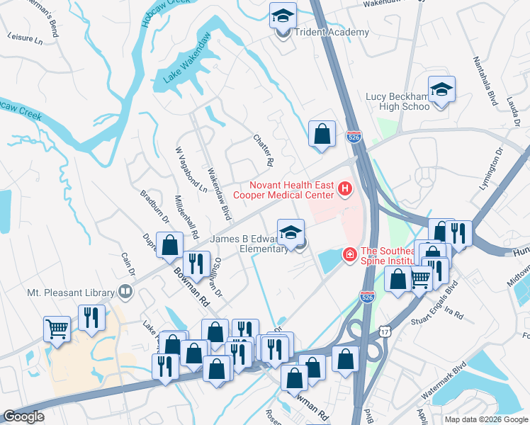 map of restaurants, bars, coffee shops, grocery stores, and more near 818 Abcaw Way in Mount Pleasant