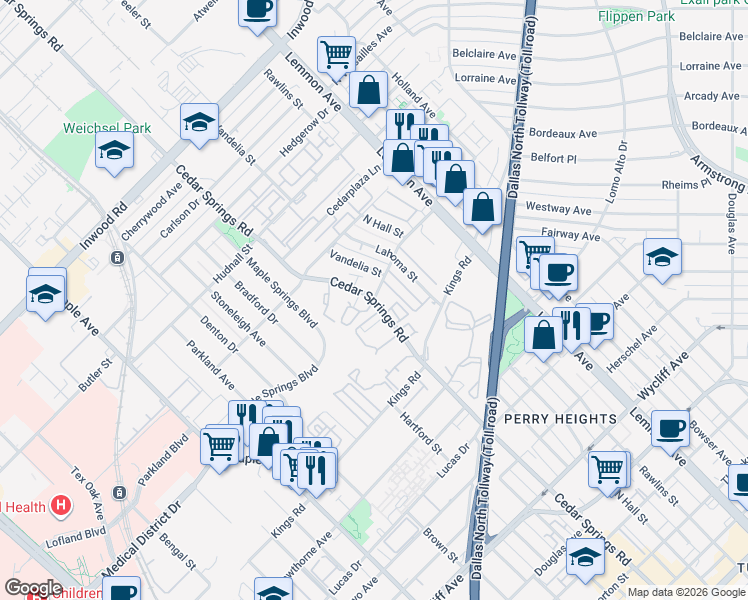 map of restaurants, bars, coffee shops, grocery stores, and more near Cedar Springs Rd & Mahanna Springs Dr in Dallas