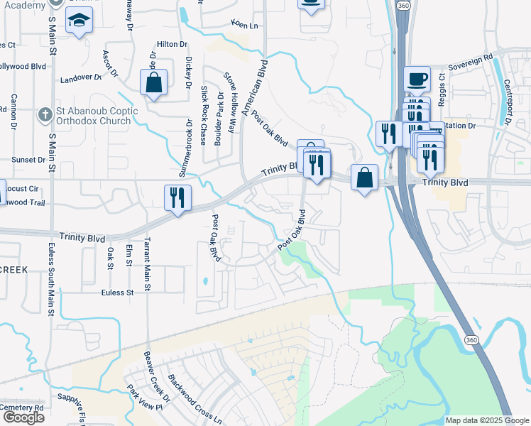 map of restaurants, bars, coffee shops, grocery stores, and more near 13716 West Rim Drive in Euless