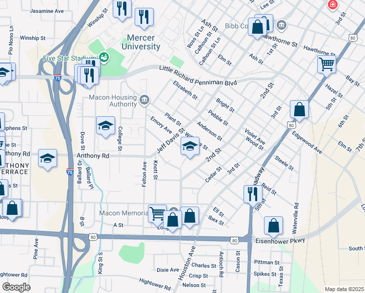 map of restaurants, bars, coffee shops, grocery stores, and more near 747 Harrold Street in Macon