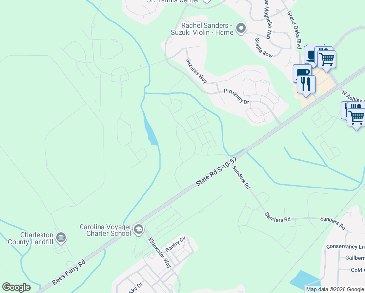 map of restaurants, bars, coffee shops, grocery stores, and more near 3530 Verdier Boulevard in Charleston