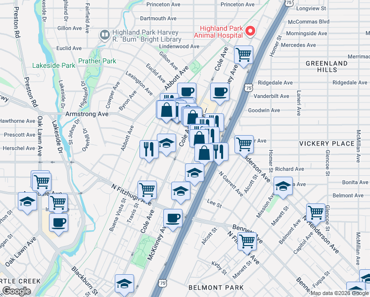 map of restaurants, bars, coffee shops, grocery stores, and more near in Dallas