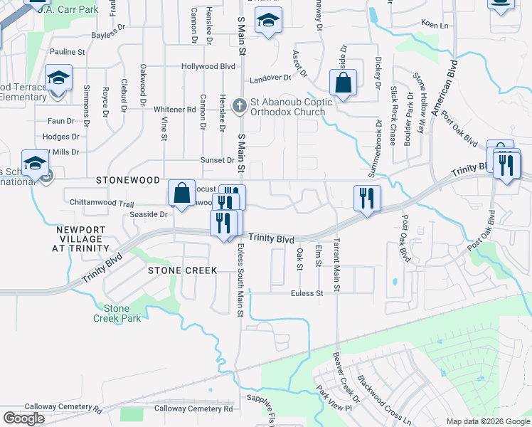 map of restaurants, bars, coffee shops, grocery stores, and more near 3912a Euless South Main Street in Euless