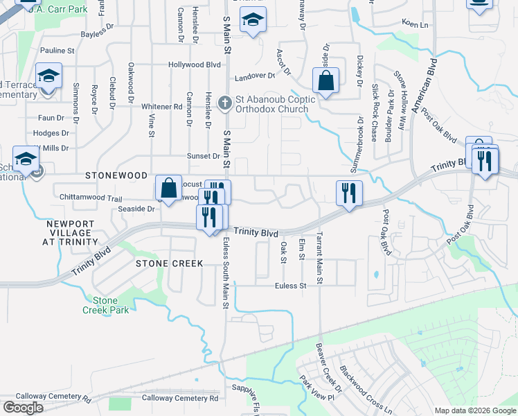 map of restaurants, bars, coffee shops, grocery stores, and more near 3912 Euless South Main Street in Euless