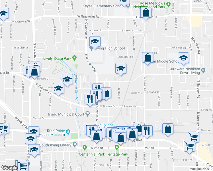 map of restaurants, bars, coffee shops, grocery stores, and more near 200 West Union Bower Road in Irving