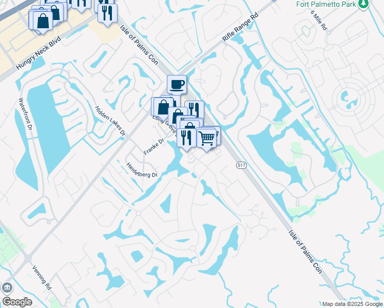 map of restaurants, bars, coffee shops, grocery stores, and more near 1480 Long Grove Drive in Mount Pleasant