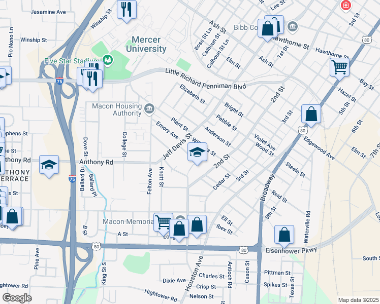map of restaurants, bars, coffee shops, grocery stores, and more near 747 Harrold Street in Macon