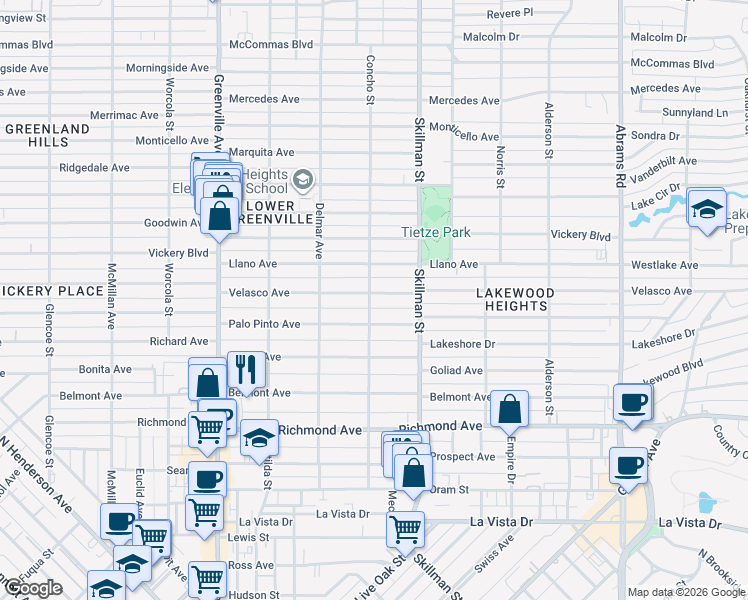 map of restaurants, bars, coffee shops, grocery stores, and more near 6001 Palo Pinto Avenue in Dallas