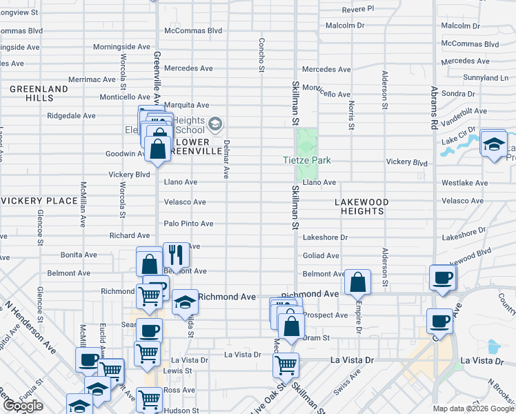 map of restaurants, bars, coffee shops, grocery stores, and more near 6001 Palo Pinto Avenue in Dallas