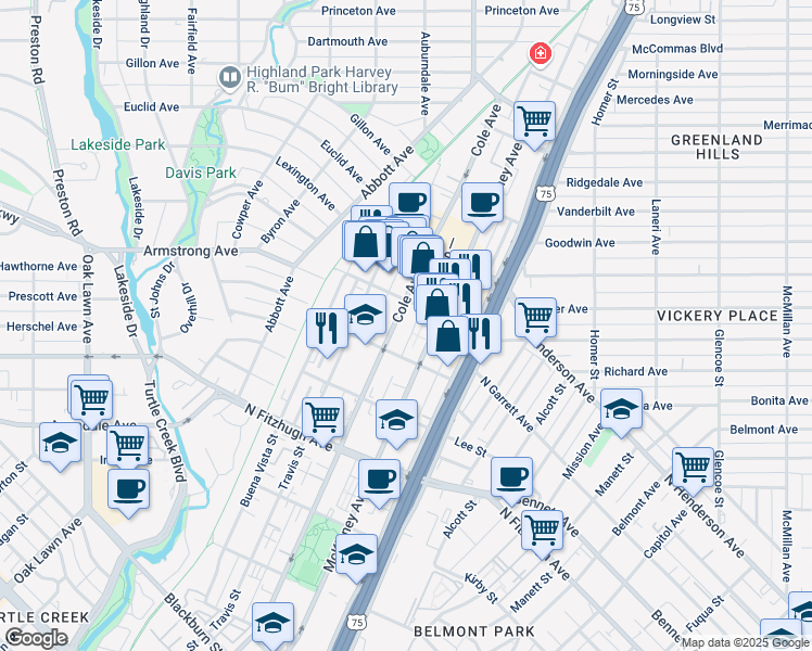 map of restaurants, bars, coffee shops, grocery stores, and more near in Dallas