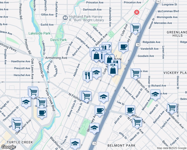 map of restaurants, bars, coffee shops, grocery stores, and more near 4338 Travis Street in Dallas