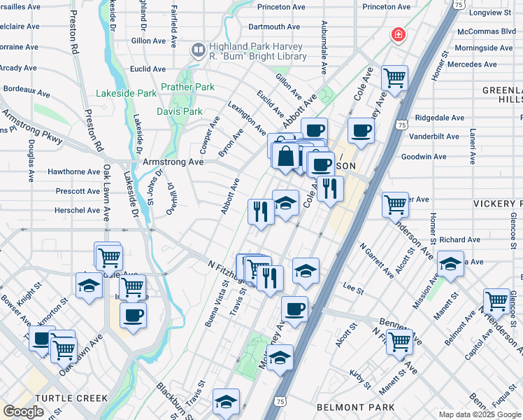 map of restaurants, bars, coffee shops, grocery stores, and more near 2 Katy Trail in Dallas