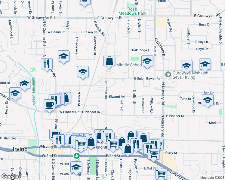 map of restaurants, bars, coffee shops, grocery stores, and more near 405 Elwood Road in Irving