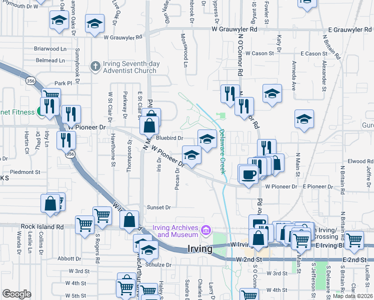 map of restaurants, bars, coffee shops, grocery stores, and more near 804 Redbird Drive in Irving