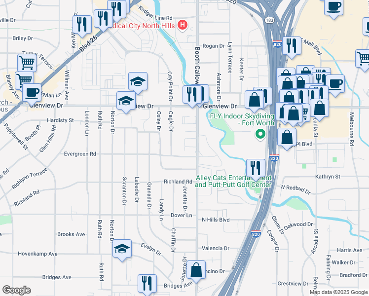 map of restaurants, bars, coffee shops, grocery stores, and more near 7616 Evergreen Road in Richland Hills