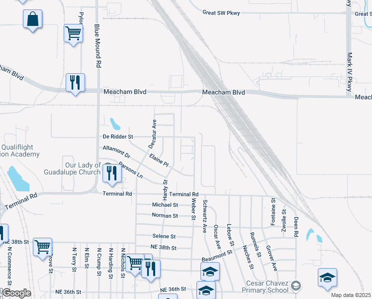 map of restaurants, bars, coffee shops, grocery stores, and more near 4303 Weber Street in Fort Worth