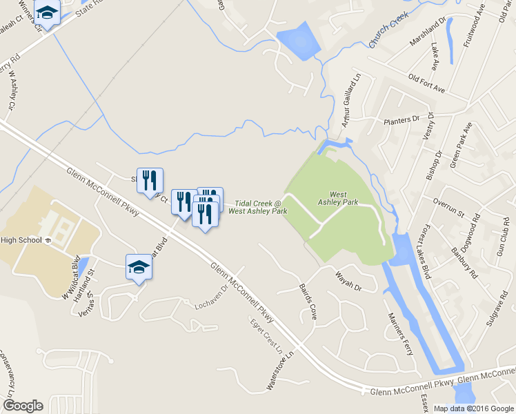map of restaurants, bars, coffee shops, grocery stores, and more near 3590 Mary Ader Avenue in Charleston