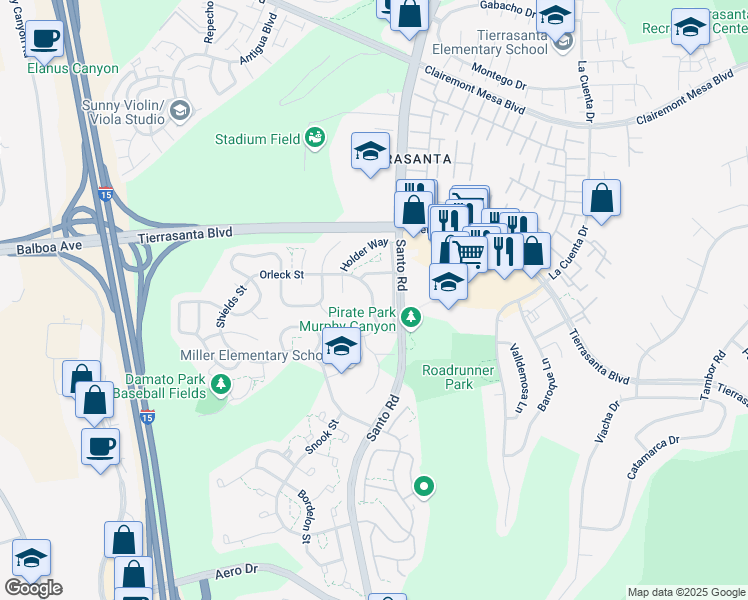 map of restaurants, bars, coffee shops, grocery stores, and more near 10300-10374 Orleck St in San Diego