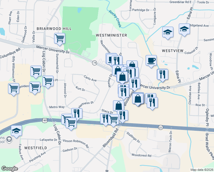 map of restaurants, bars, coffee shops, grocery stores, and more near 3708 Atwood Drive in Macon