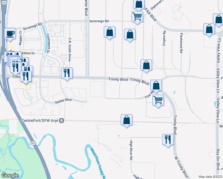 map of restaurants, bars, coffee shops, grocery stores, and more near 14800 Trinity Boulevard in Fort Worth