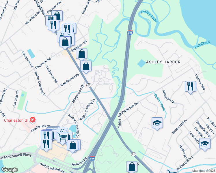 map of restaurants, bars, coffee shops, grocery stores, and more near 2274 Ashley River Road in Charleston