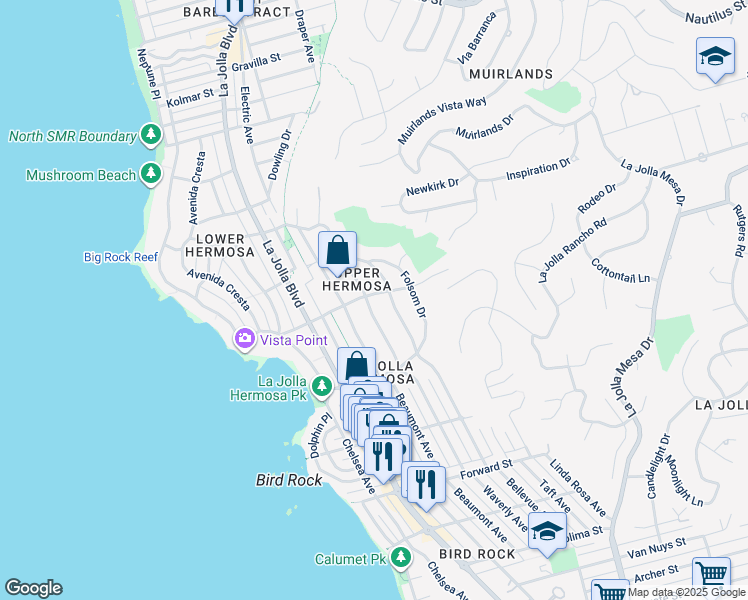 map of restaurants, bars, coffee shops, grocery stores, and more near 5919 Waverly Avenue in San Diego