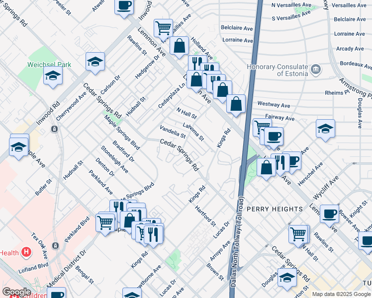 map of restaurants, bars, coffee shops, grocery stores, and more near 4938 Cedar Springs Road in Dallas